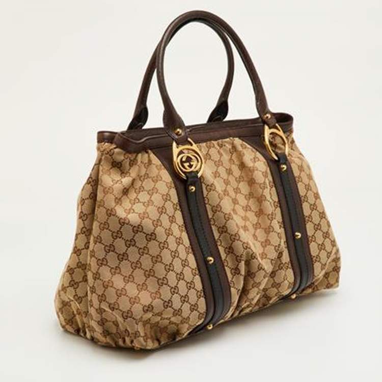 Pre Owned Gucci Interlocking G Large Beige/Brown GG Canvas and Leather Tote
