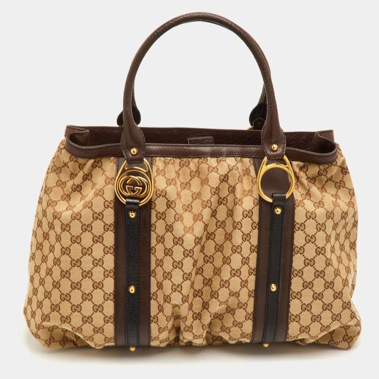 Pre Owned Gucci Interlocking G Large Beige/Brown GG Canvas and Leather Tote