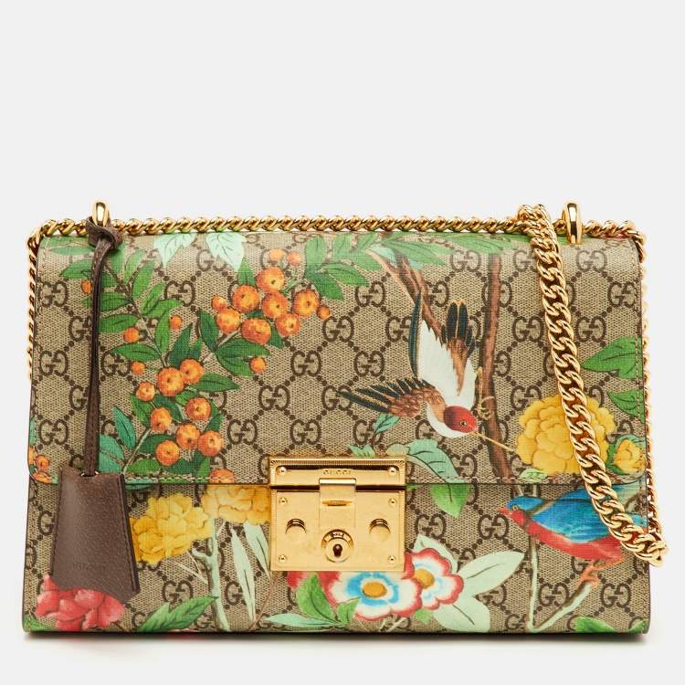 Pre Owned Gucci Padlock Medium Multicolor Tian Print GG Supreme Canvas Chain Shoulder Bag