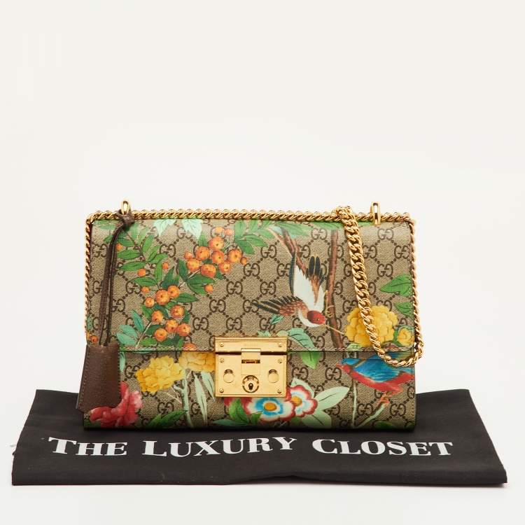 Pre Owned Gucci Padlock Medium Multicolor Tian Print GG Supreme Canvas Chain Shoulder Bag