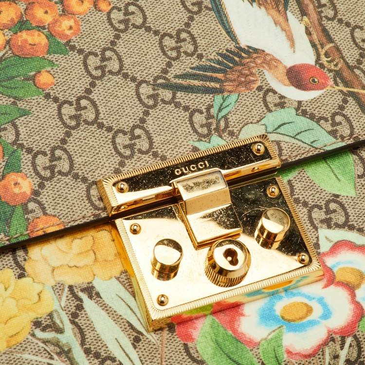 Pre Owned Gucci Padlock Medium Multicolor Tian Print GG Supreme Canvas Chain Shoulder Bag