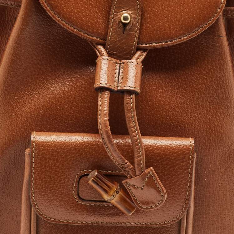 مملوكة مسبقًا Gucci Bamboo Brown Leather Drawstring Backpack
