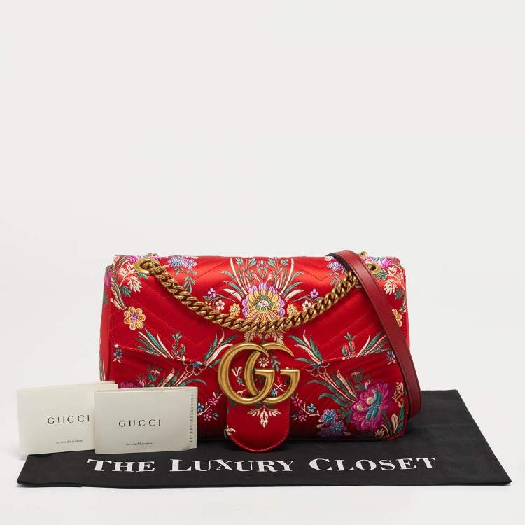 Pre Owned Gucci Embroidered GG Marmont Medium Red Matelassé Satin Shoulder Bag