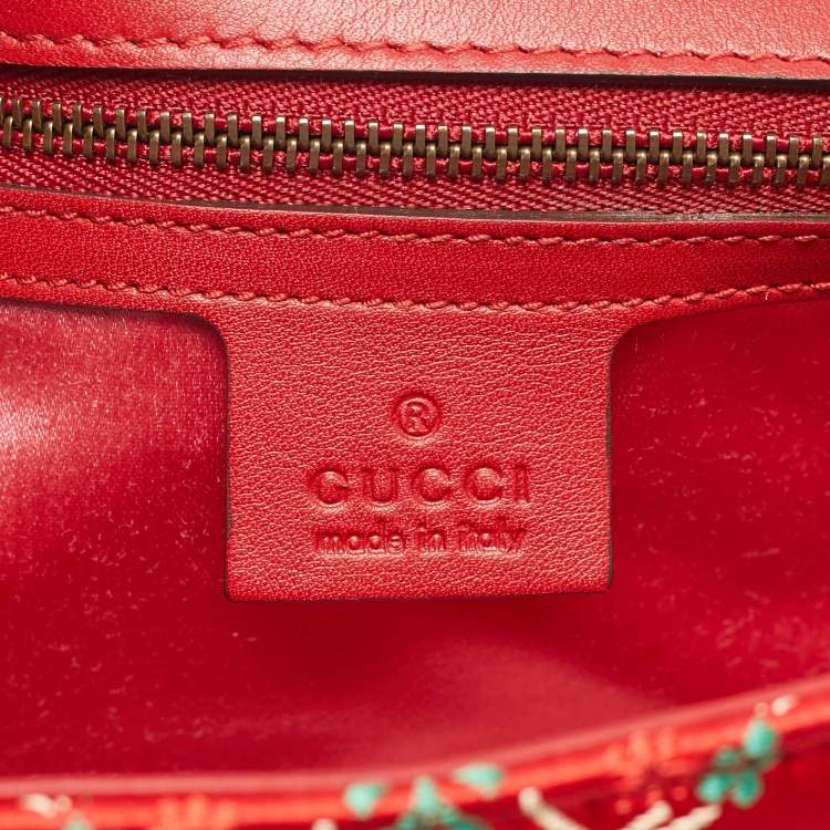 Pre Owned Gucci Embroidered GG Marmont Medium Red Matelassé Satin Shoulder Bag