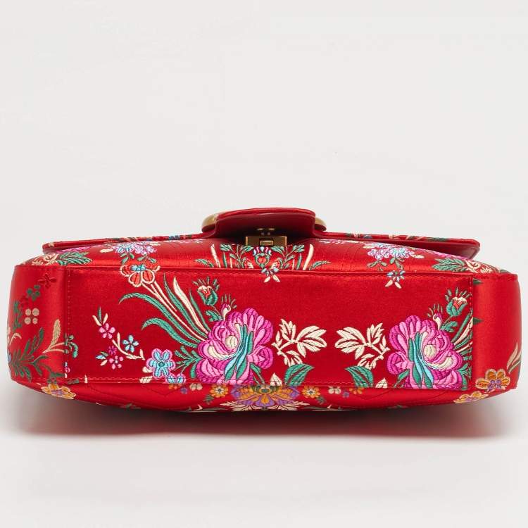 Pre Owned Gucci Embroidered GG Marmont Medium Red Matelassé Satin Shoulder Bag