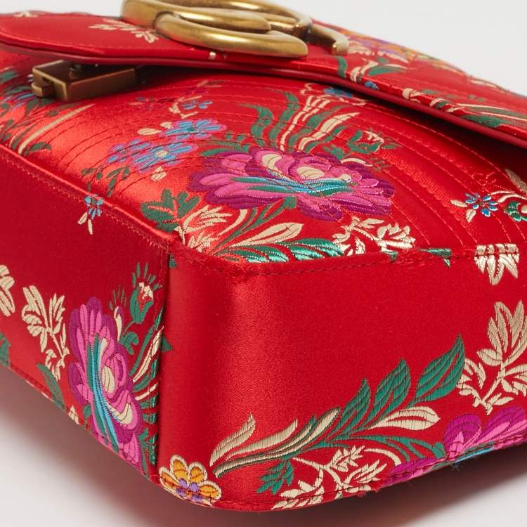 Pre Owned Gucci Embroidered GG Marmont Medium Red Matelassé Satin Shoulder Bag