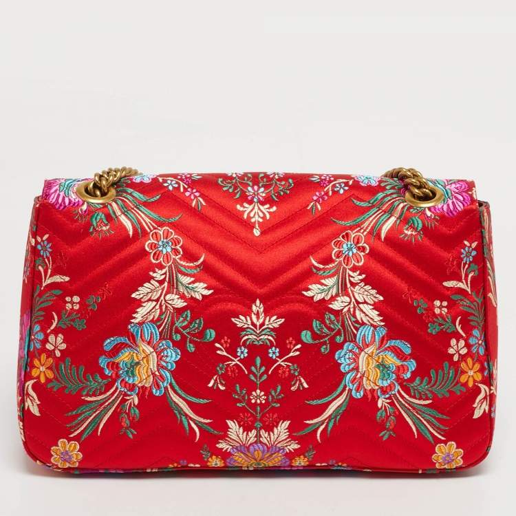 Pre Owned Gucci Embroidered GG Marmont Medium Red Matelassé Satin Shoulder Bag
