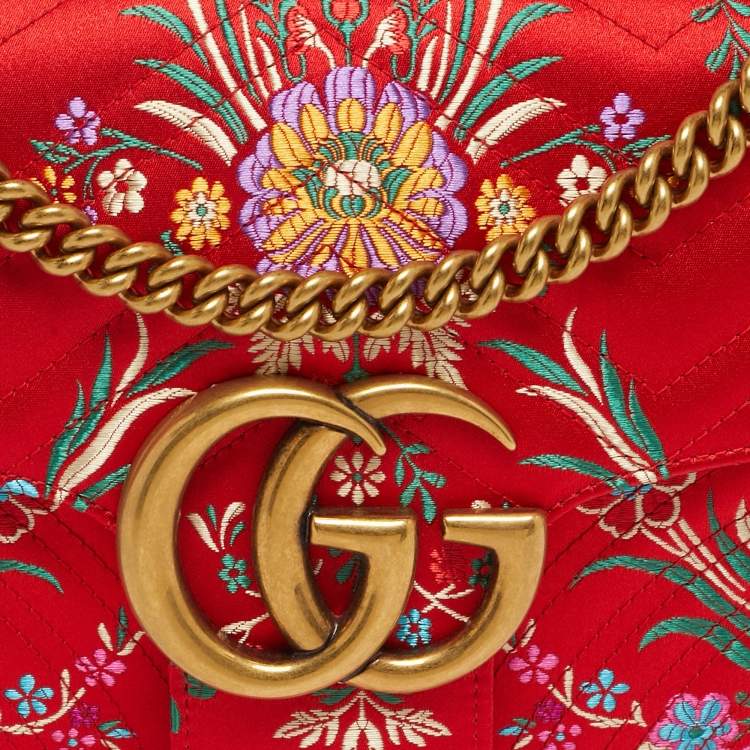 Pre Owned Gucci Embroidered GG Marmont Medium Red Matelassé Satin Shoulder Bag