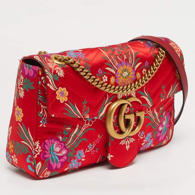Pre Owned Gucci Embroidered GG Marmont Medium Red Matelassé Satin Shoulder Bag