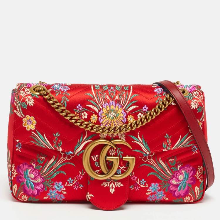 Pre Owned Gucci Embroidered GG Marmont Medium Red Matelassé Satin Shoulder Bag