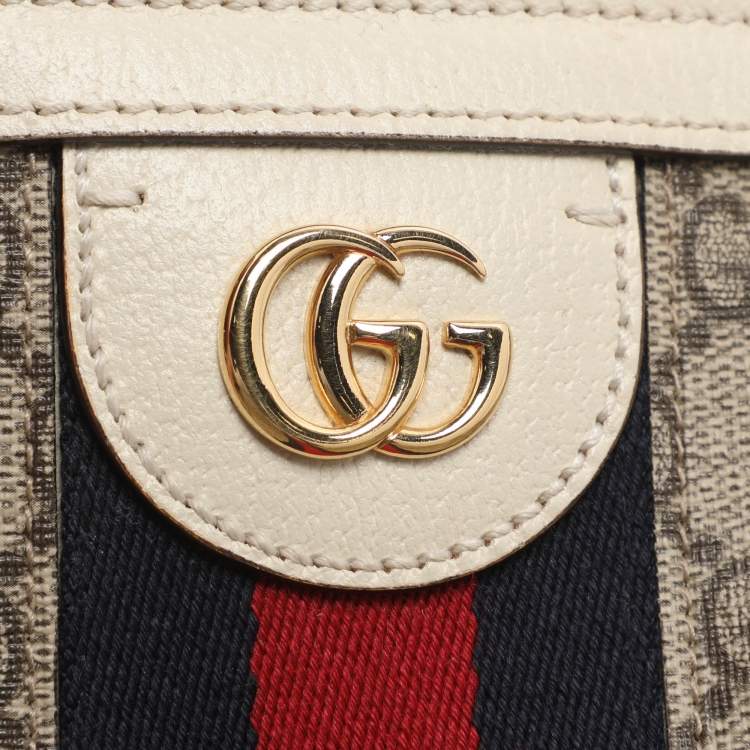Pre Owned Gucci Ophidia Medium Blue/Beige GG Supreme Canvas and Leather Tote