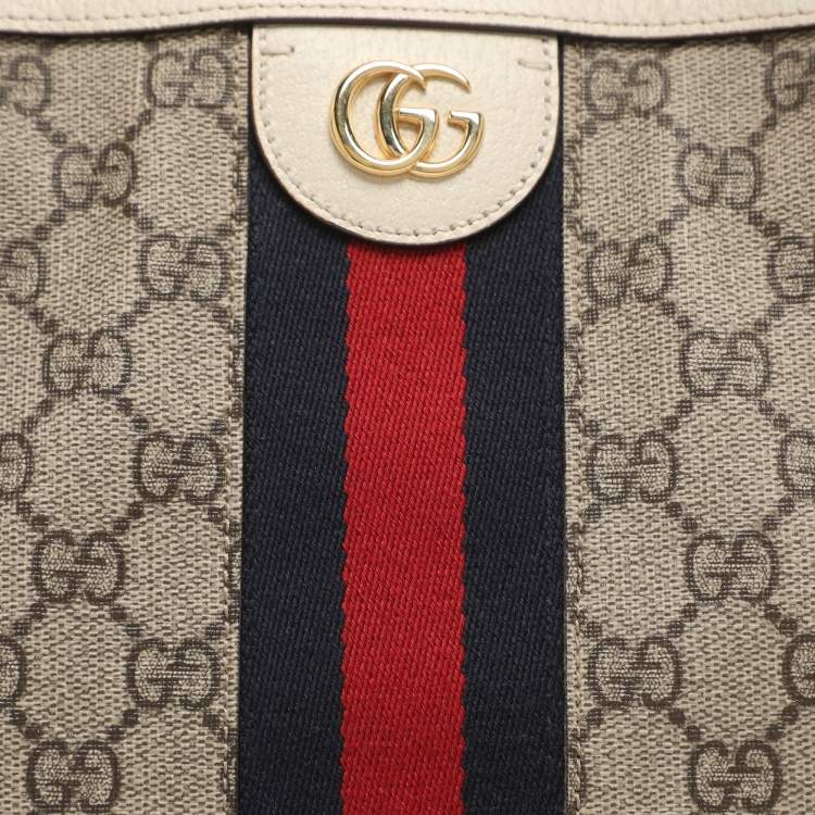 Pre Owned Gucci Ophidia Medium Blue/Beige GG Supreme Canvas and Leather Tote