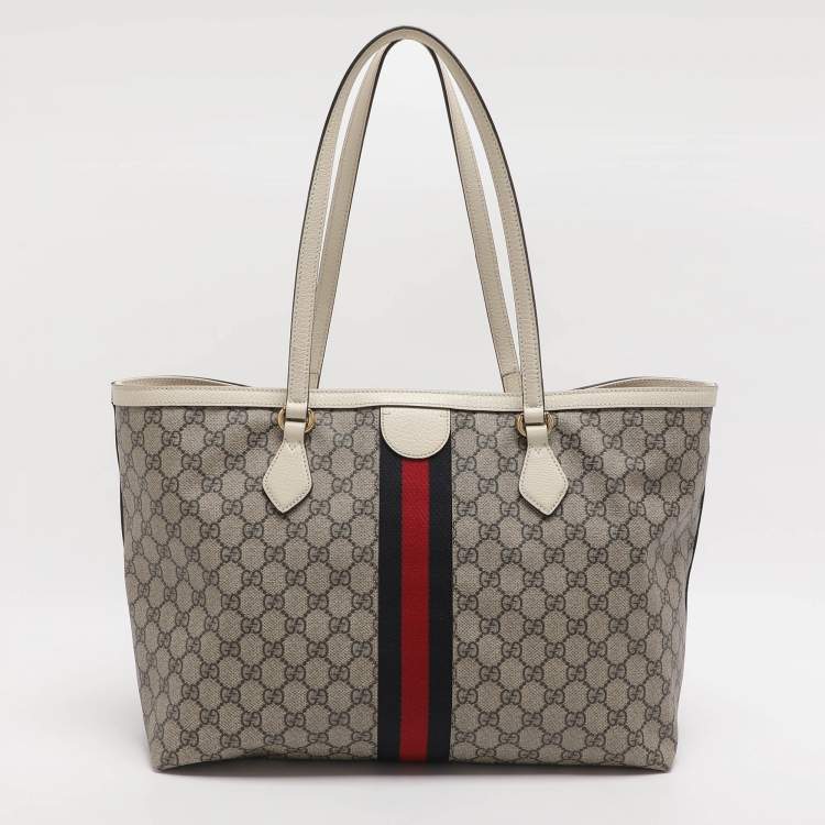 Pre Owned Gucci Ophidia Medium Blue/Beige GG Supreme Canvas and Leather Tote