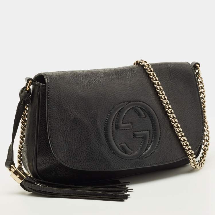 Pre Owned Gucci Soho Chain Flap Black Leather Crossbody Bag