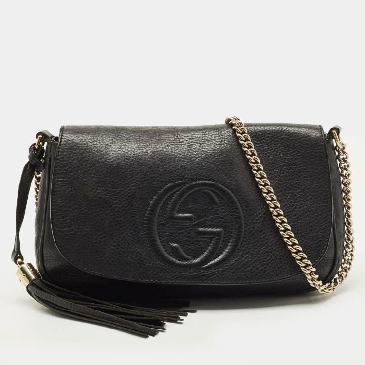 Pre Owned Gucci Soho Chain Flap Black Leather Crossbody Bag