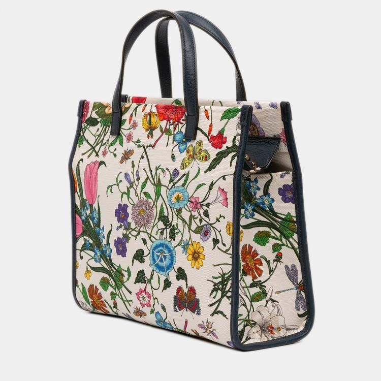 Pre Owned Gucci Blue White Medium Canvas Flora Satchel