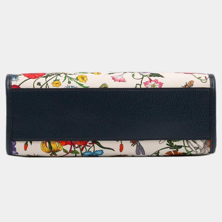 Pre Owned Gucci Blue White Medium Canvas Flora Satchel
