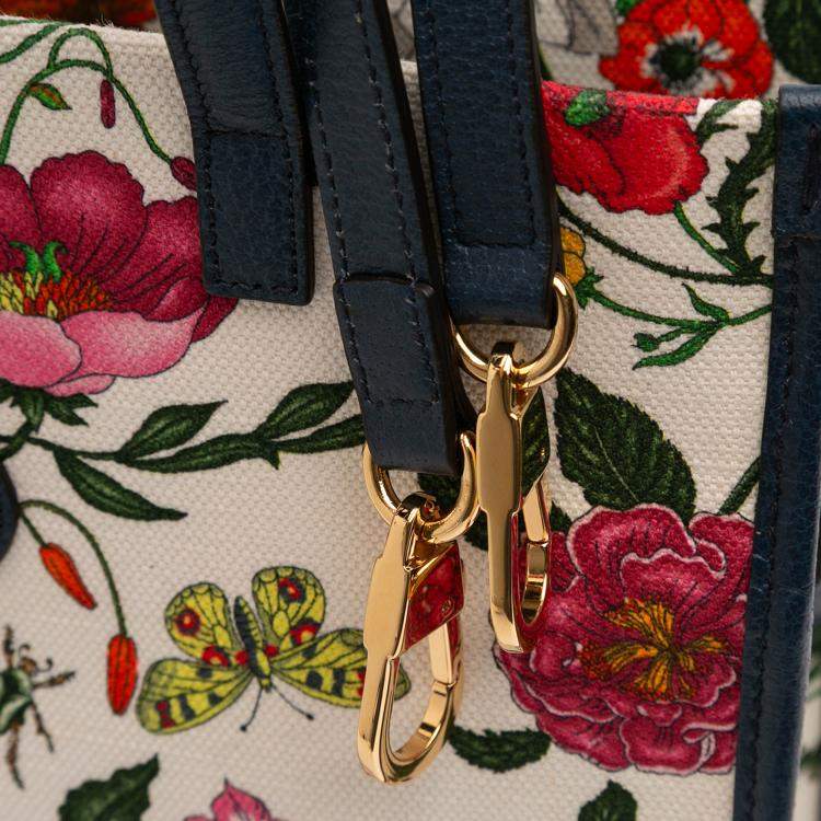 Pre Owned Gucci Blue White Medium Canvas Flora Satchel
