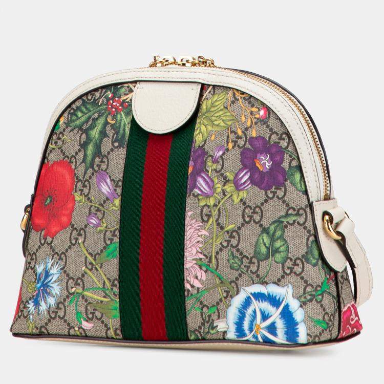 Pre Owned Gucci Brown Small GG Supreme Flora Ophidia Dome Crossbody