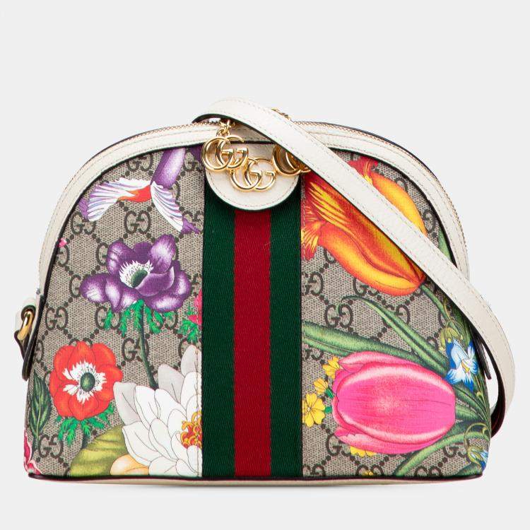 Pre Owned Gucci Brown Small GG Supreme Flora Ophidia Dome Crossbody