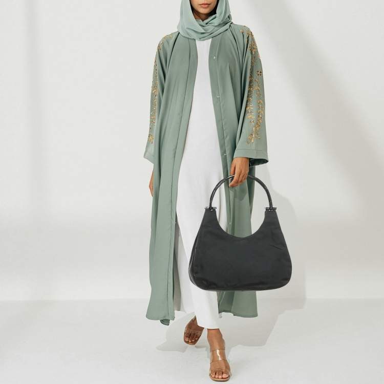 Pre Owned Gucci Bamboo Handle Black Nylon Tote