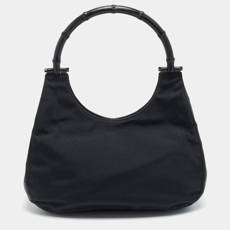Pre Owned Gucci Bamboo Handle Black Nylon Tote