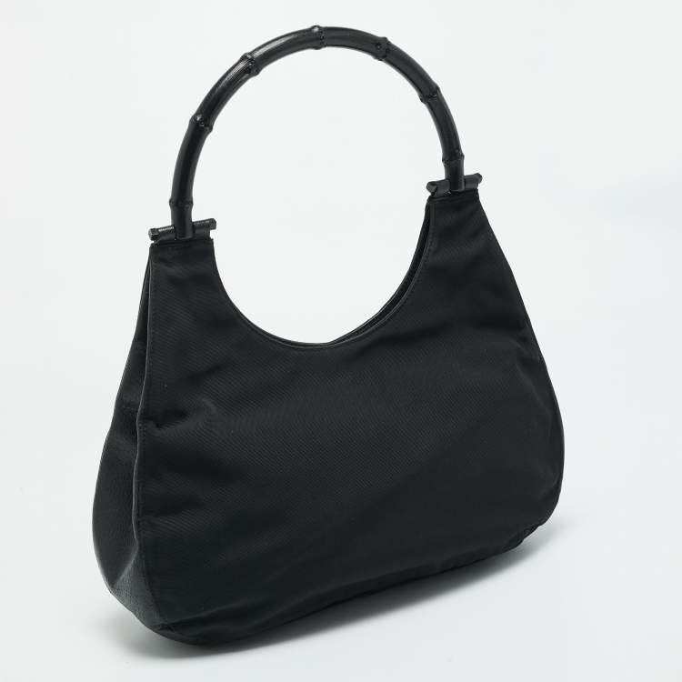 Pre Owned Gucci Bamboo Handle Black Nylon Tote