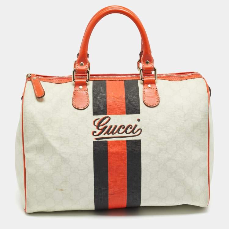 Pre Owned Gucci Joy Web Stripe Orange/Off White GG Supreme Canvas and Leather Boston Bag