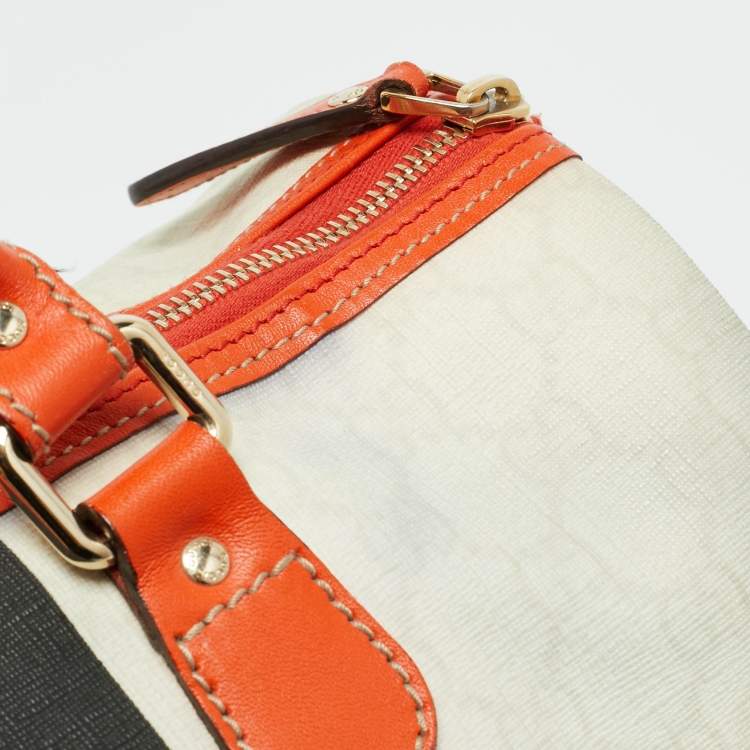 Pre Owned Gucci Joy Web Stripe Orange/Off White GG Supreme Canvas and Leather Boston Bag