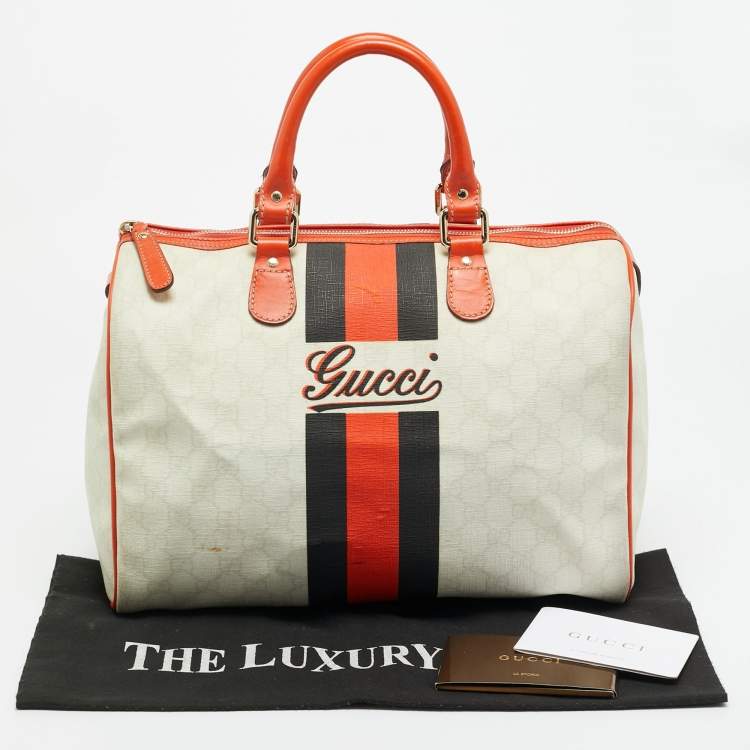 Pre Owned Gucci Joy Web Stripe Orange/Off White GG Supreme Canvas and Leather Boston Bag