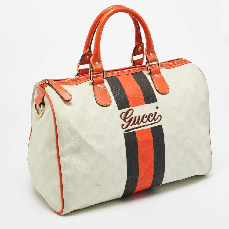Pre Owned Gucci Joy Web Stripe Orange/Off White GG Supreme Canvas and Leather Boston Bag