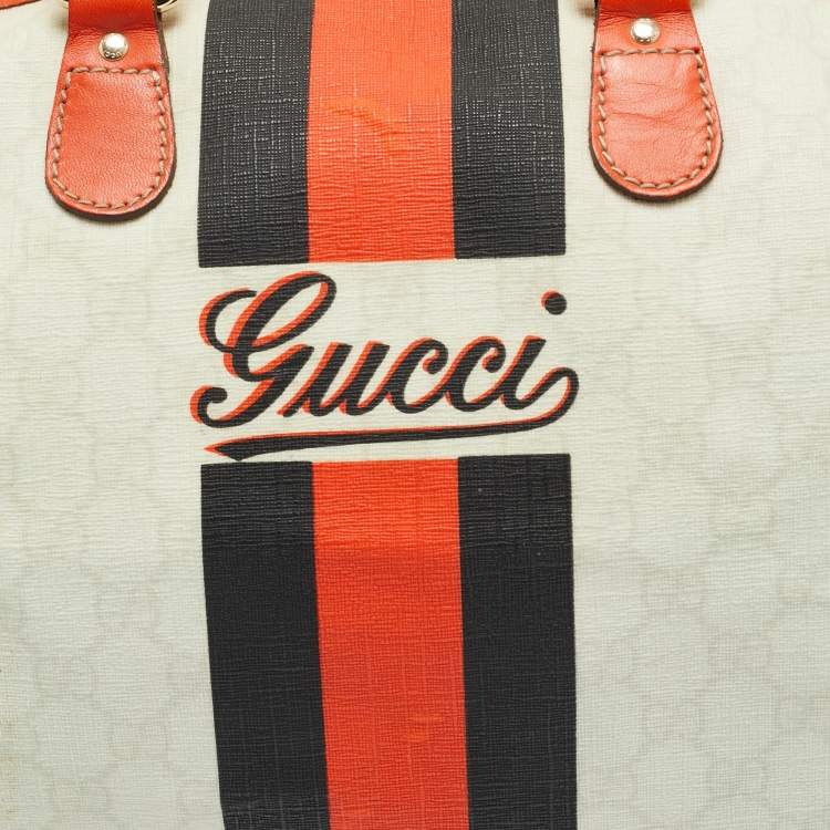 Pre Owned Gucci Joy Web Stripe Orange/Off White GG Supreme Canvas and Leather Boston Bag