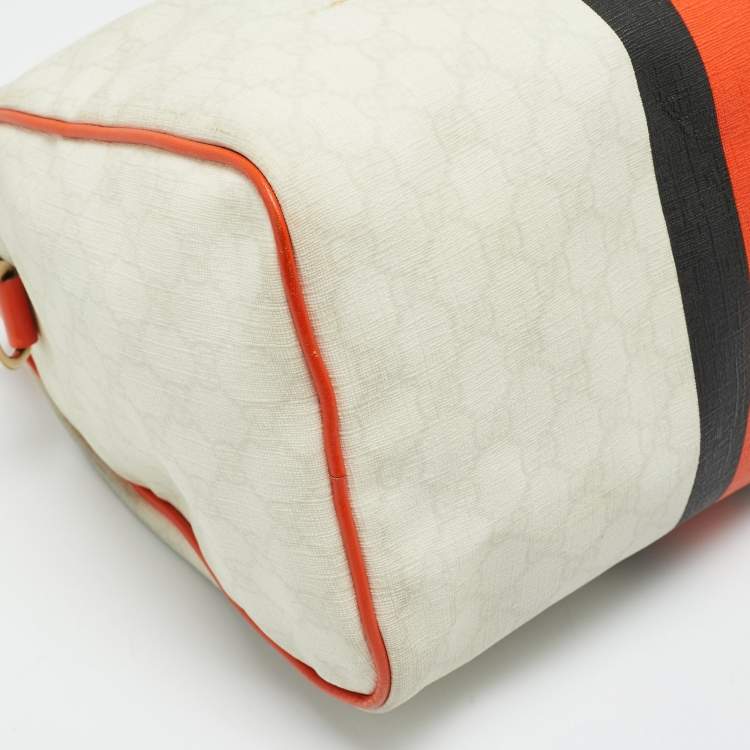 Pre Owned Gucci Joy Web Stripe Orange/Off White GG Supreme Canvas and Leather Boston Bag