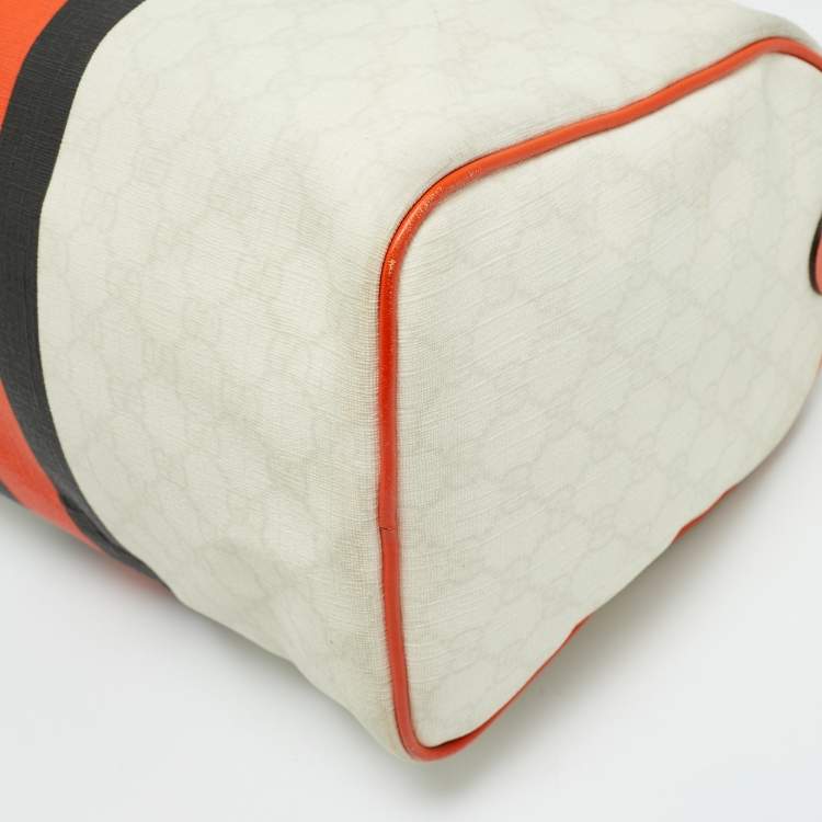 Pre Owned Gucci Joy Web Stripe Orange/Off White GG Supreme Canvas and Leather Boston Bag