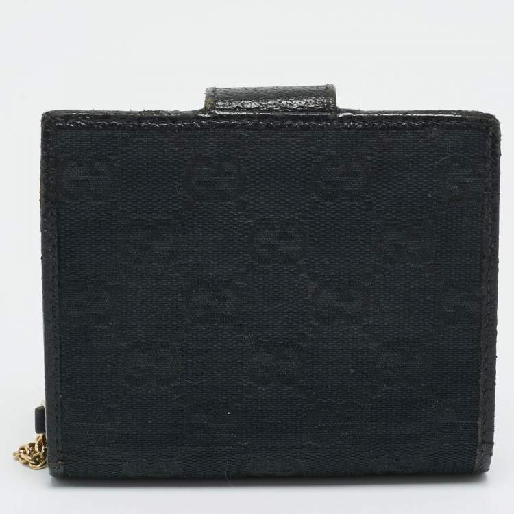 Pre Owned Gucci Boot Charm Black GG Canvas and Leather Flap Compact Wallet