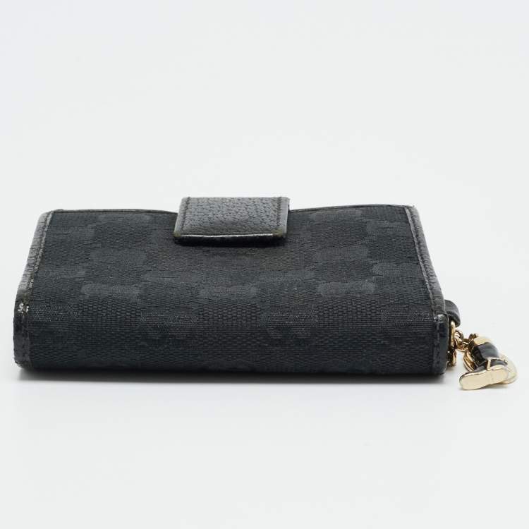 Pre Owned Gucci Boot Charm Black GG Canvas and Leather Flap Compact Wallet