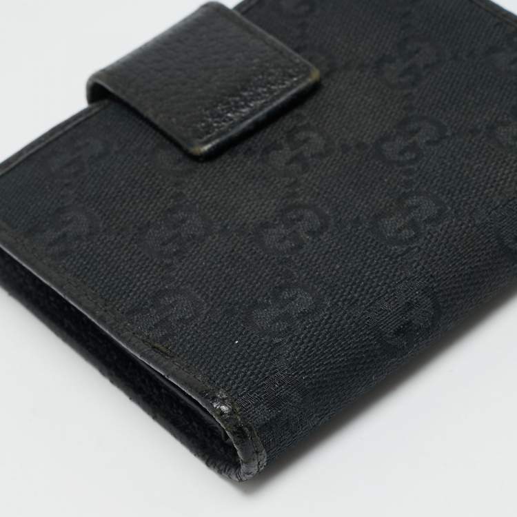 Pre Owned Gucci Boot Charm Black GG Canvas and Leather Flap Compact Wallet