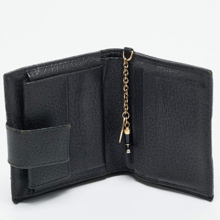 Pre Owned Gucci Boot Charm Black GG Canvas and Leather Flap Compact Wallet