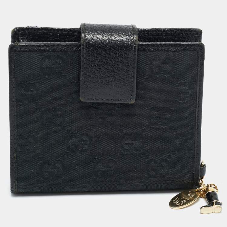 Pre Owned Gucci Boot Charm Black GG Canvas and Leather Flap Compact Wallet
