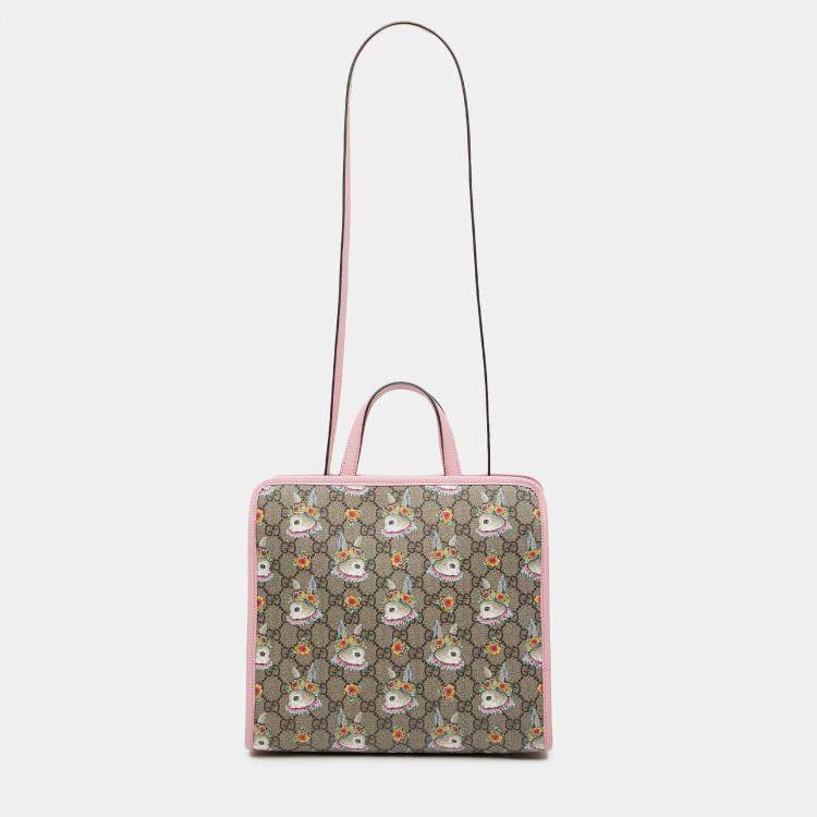 Pre Owned Gucci Beige Yuko Higuchi GG Supreme Floral Rabbit Satchel