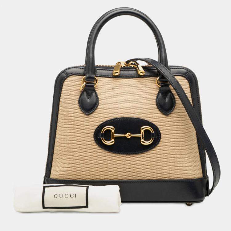 Pre Owned Gucci Beige/Black Small Canvas Horsebit 1955 Satchel