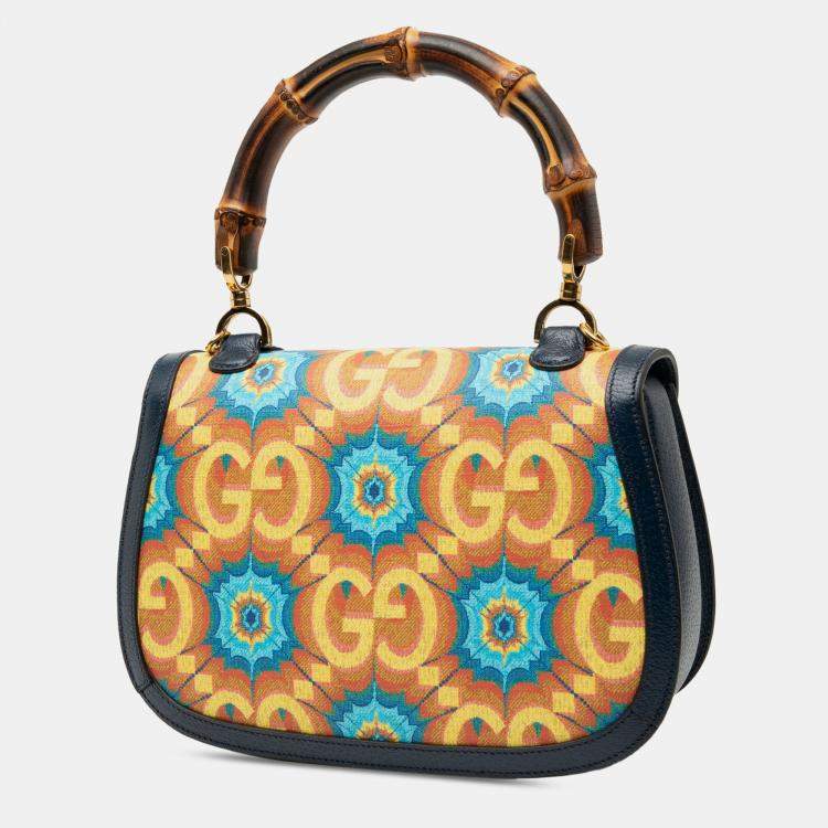 Pre Owned Gucci Blue 100th Anniversary Medium GG Coated Canvas Kaleidoscope 1947 Bamboo Top Handle Bag