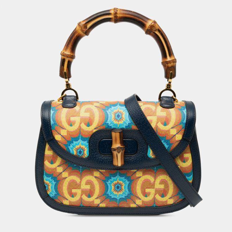 Pre Owned Gucci Blue 100th Anniversary Medium GG Coated Canvas Kaleidoscope 1947 Bamboo Top Handle Bag