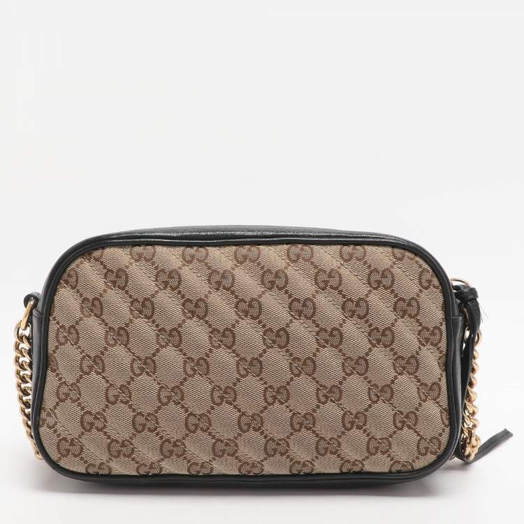 Pre Owned Gucci GG Marmont Small Black/Beige GG Canvas and Leather Camera Bag