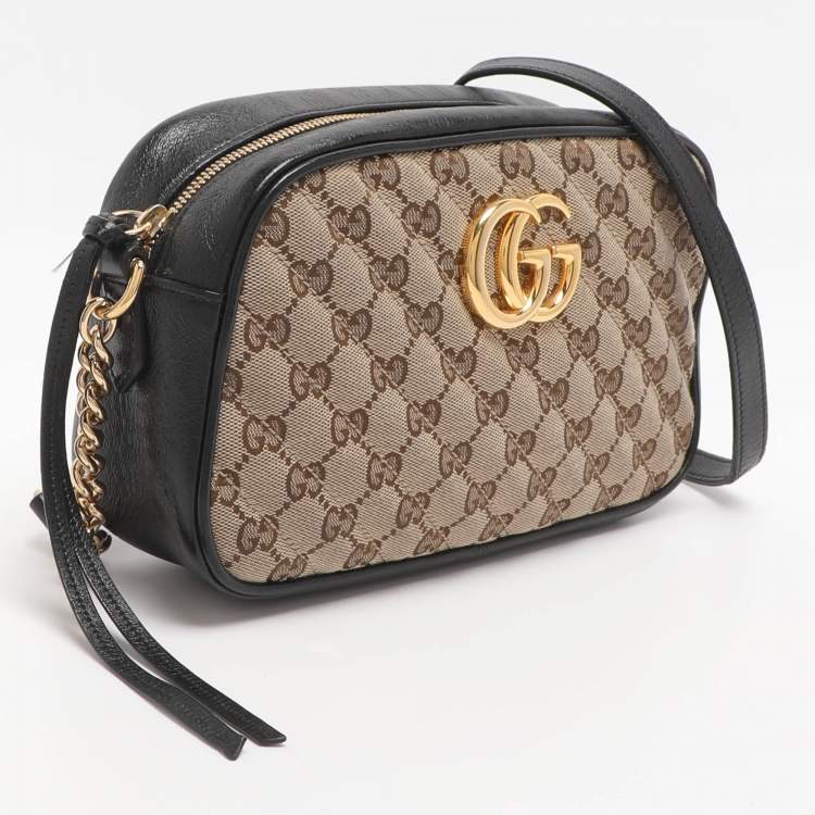 Pre Owned Gucci GG Marmont Small Black/Beige GG Canvas and Leather Camera Bag