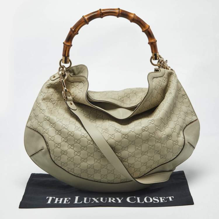 Pre Owned Gucci Peggy Bamboo Light Cream Guccissima Leather Hobo