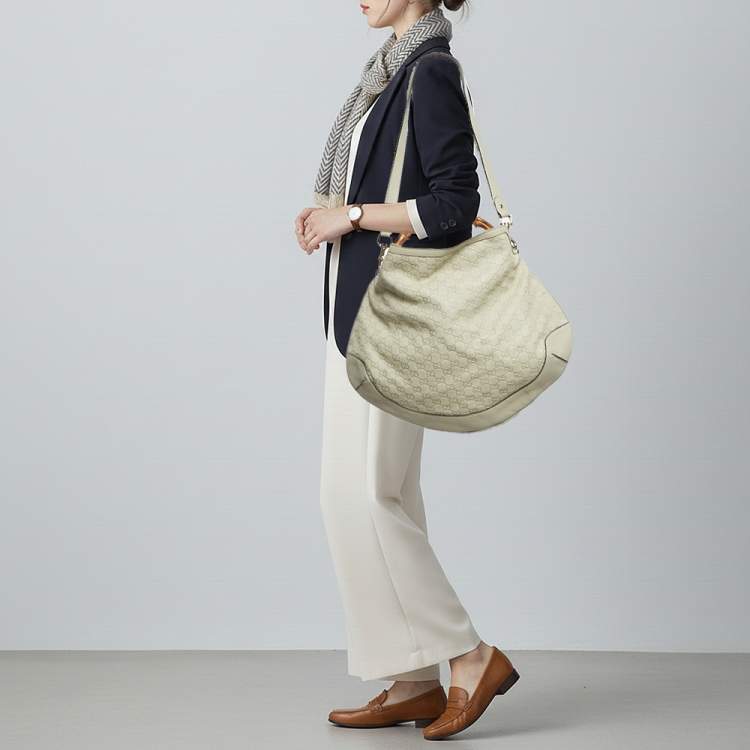 Pre Owned Gucci Peggy Bamboo Light Cream Guccissima Leather Hobo