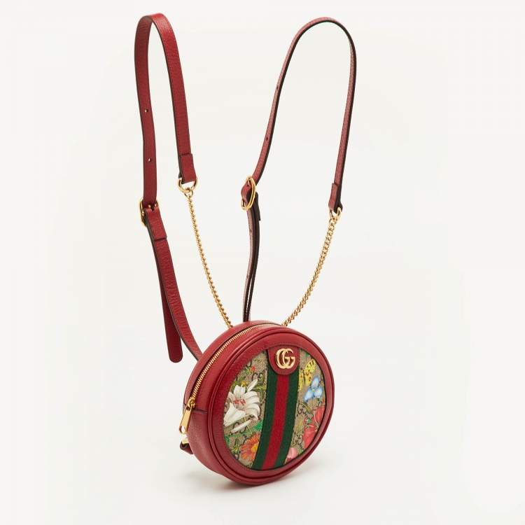 Pre Owned Gucci Red GG Supreme Flora Ophidia Round Coated Canvas and Leather Backpack