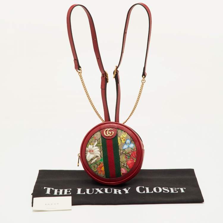 Pre Owned Gucci Red GG Supreme Flora Ophidia Round Coated Canvas and Leather Backpack