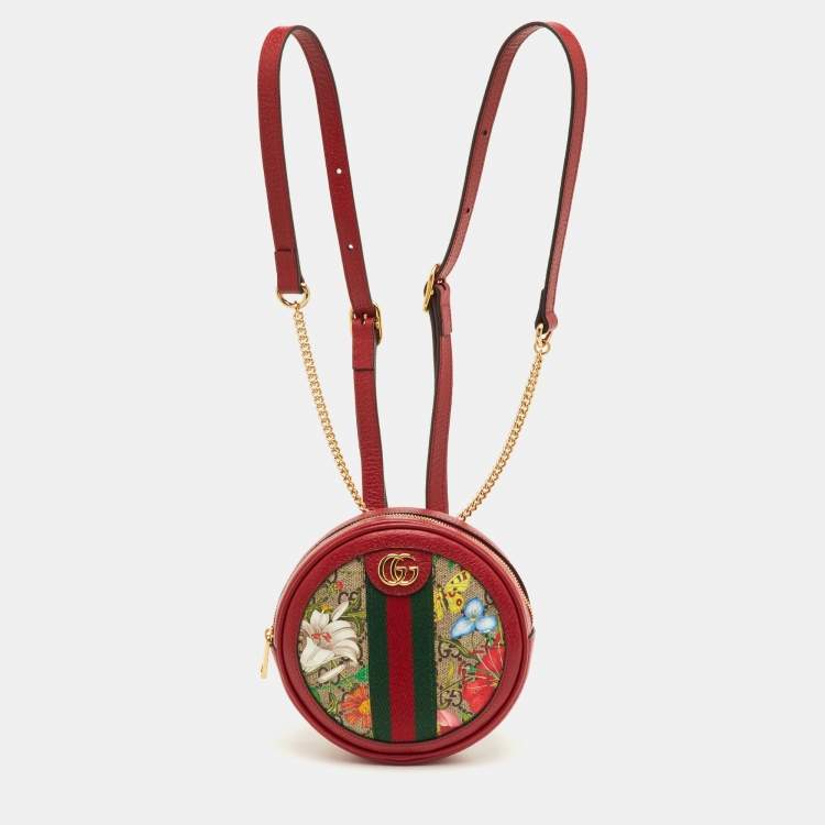 Pre Owned Gucci Red GG Supreme Flora Ophidia Round Coated Canvas and Leather Backpack